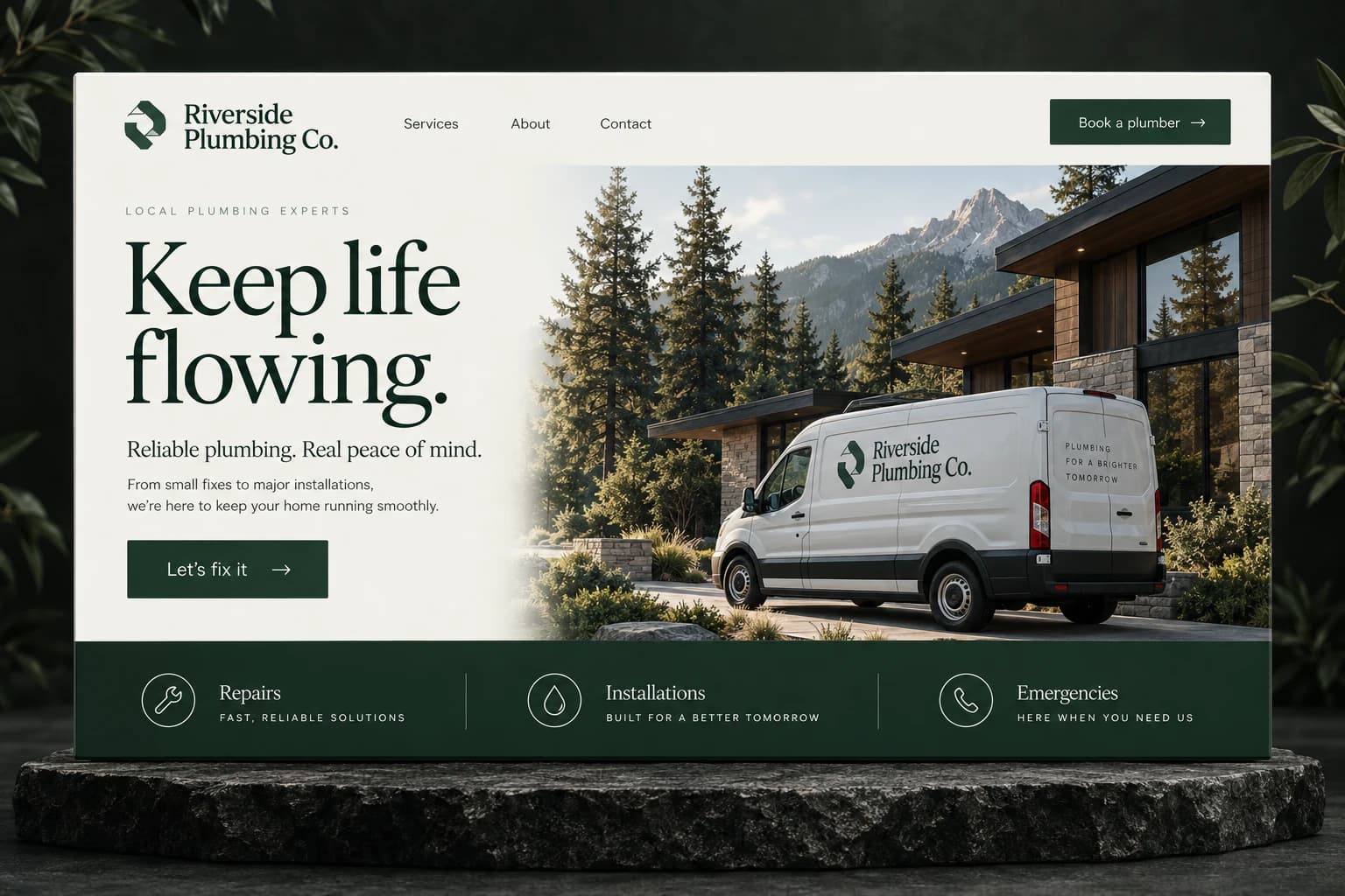 Example local plumbing website with a service-led headline, branded photography and a prominent booking button
